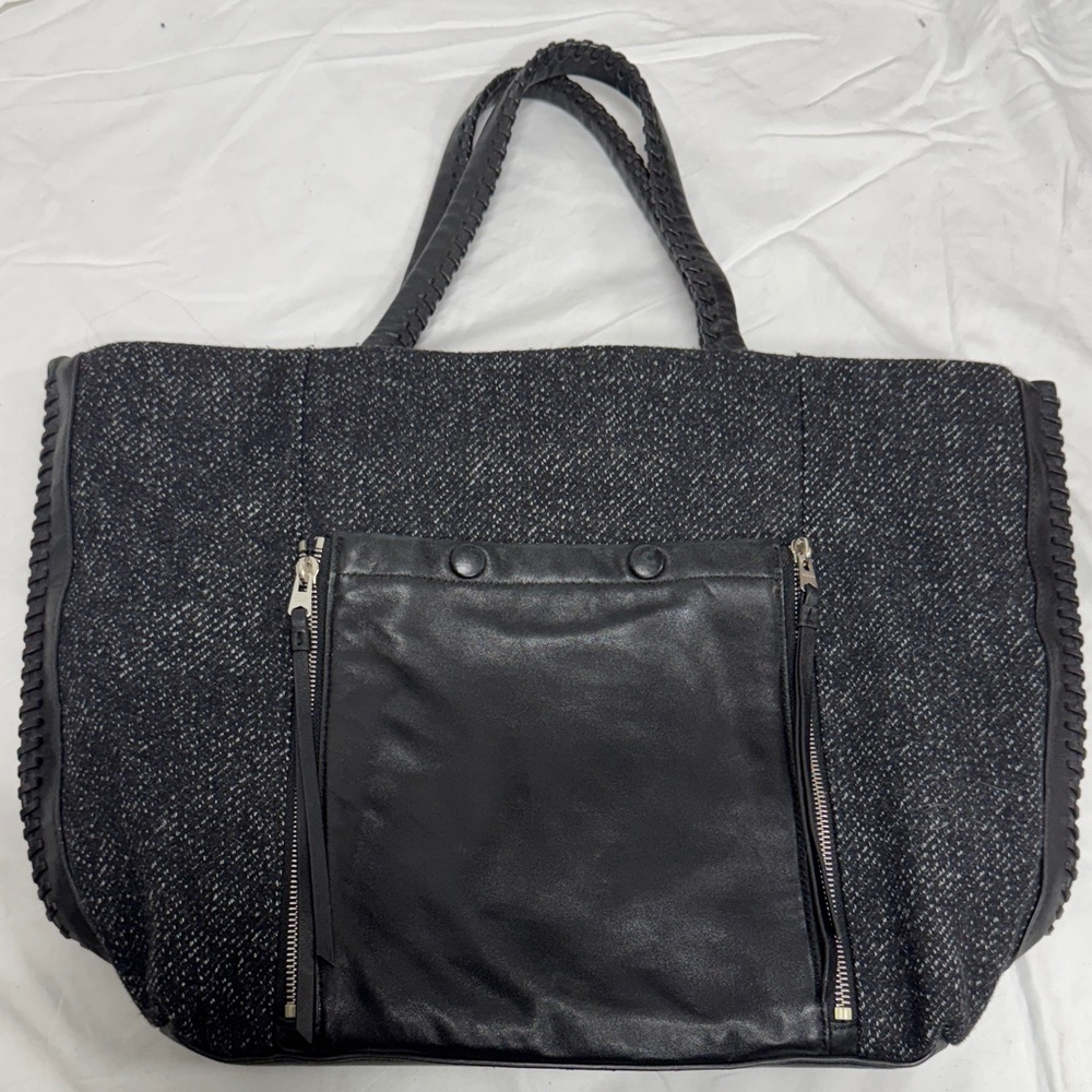 All Saints Charcoal Tweed Tote with Black Leather Pocket
